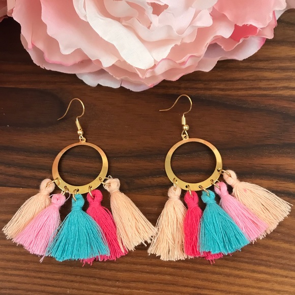Bohemian Gold Dangle Earrings Multi Colored Tassel - Picture 4 of 5